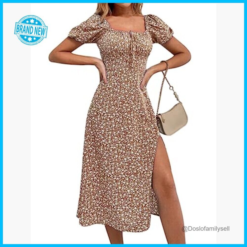 Floral Boho Midi Dress Square Neck Puff Sleeve Ruched Bust High Waist Split - Picture 4 of 6
